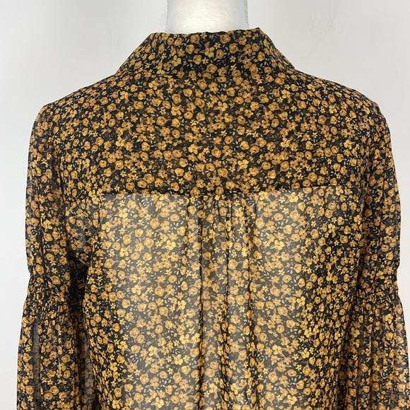 Zara Yellow and Black Ditsy Floral Button Up Ruched Sleeve Blouse. Size Small. - Picture 8 of 11